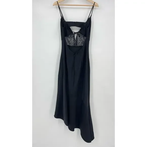 NBDBrigitta Midi Dress in Black Satin Lace Asymmetrical Slip S